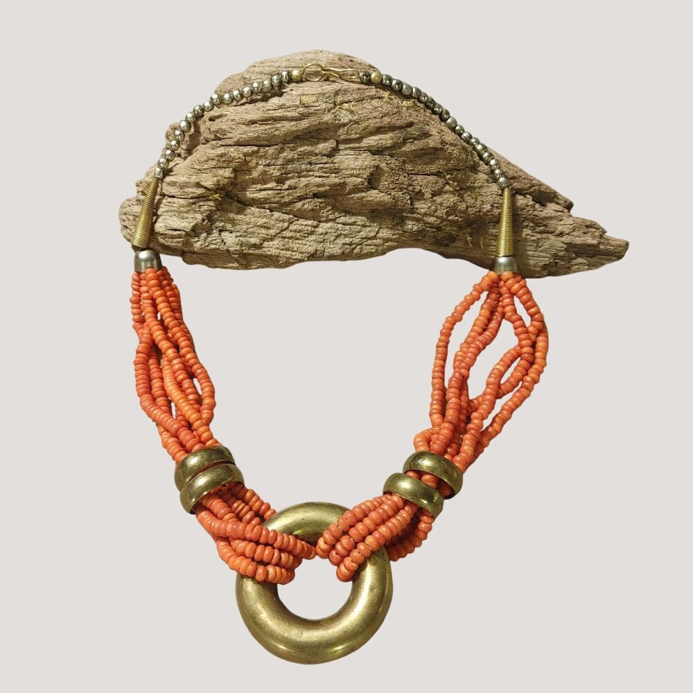 Orange Native Necklace Vintage 6 Multi Strand Glass Coral Brass  Circular Pendan